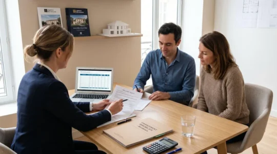 Conseiller financier présentant des documents de prêt immobilier à un couple dans un bureau contemporain avec ordinateur et dossiers de financement