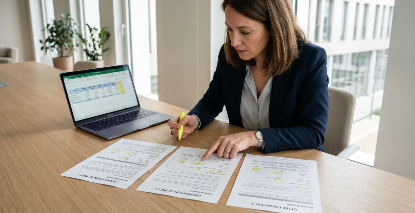 Dirigeante d'entreprise comparant trois propositions de prêt bancaires différentes sur son bureau avec ordinateur affichant tableur comparatif