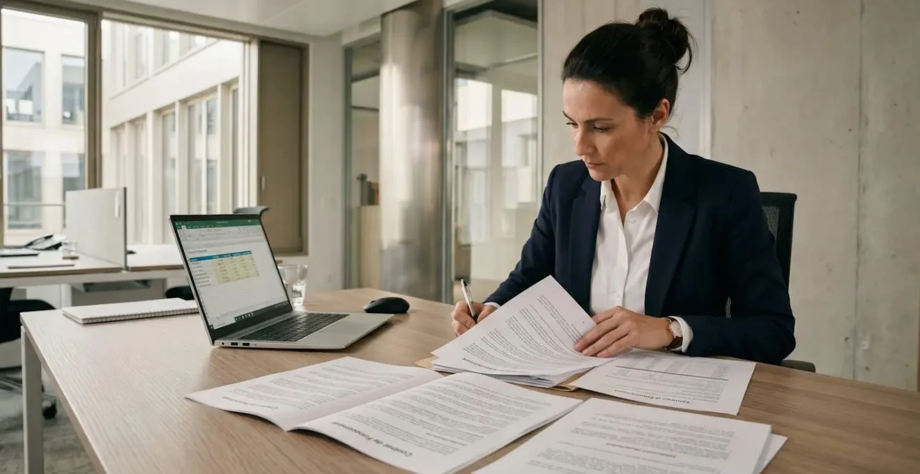 Dirigeante d'entreprise consultant et comparant plusieurs offres de crédit professionnel sur son bureau dans un environnement de travail contemporain