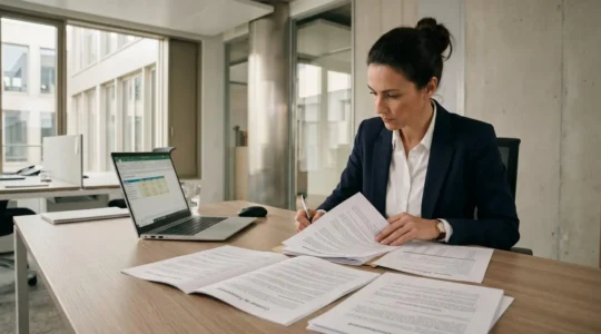 Dirigeante d'entreprise consultant et comparant plusieurs offres de crédit professionnel sur son bureau dans un environnement de travail contemporain