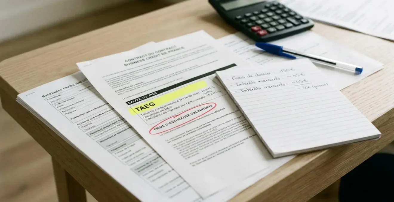 Documents de contrat de crédit professionnel avec calcul du TAEG et ligne assurance surlignée sur un bureau