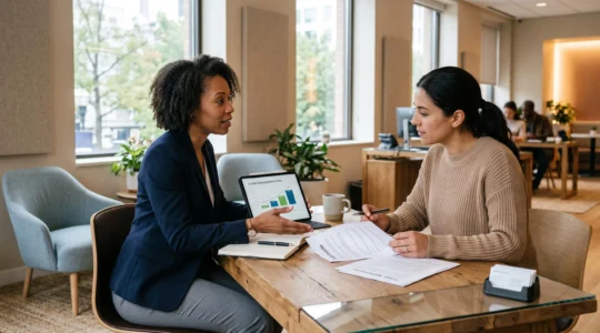 Un conseiller financier et un client propriétaire discutent d'une solution de regroupement de crédits lors d'une consultation dans un espace bancaire moderne