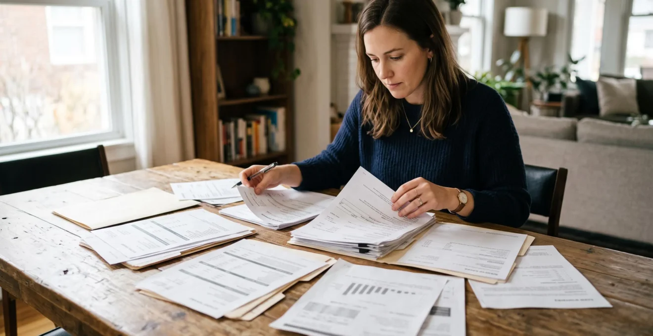 Une personne examine et organise plusieurs documents de crédits différents sur une table pour évaluer sa situation financière