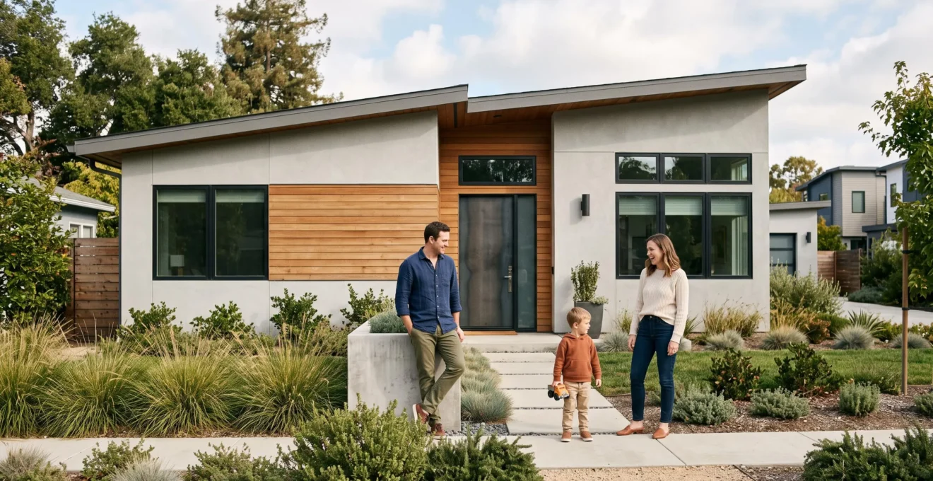 Un couple se tient devant leur maison individuelle moderne représentant leur patrimoine immobilier