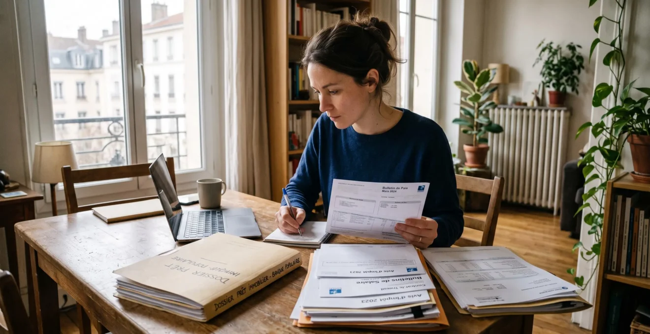 Personne organisant méthodiquement des documents administratifs pour une demande de crédit immobilier à domicile