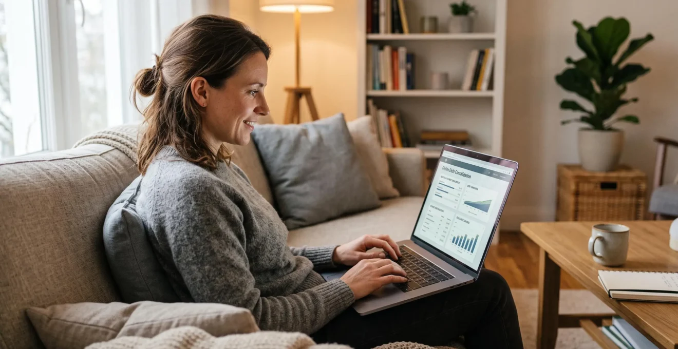 Une personne effectue une simulation de regroupement de crédits en ligne depuis son domicile sur un ordinateur portable