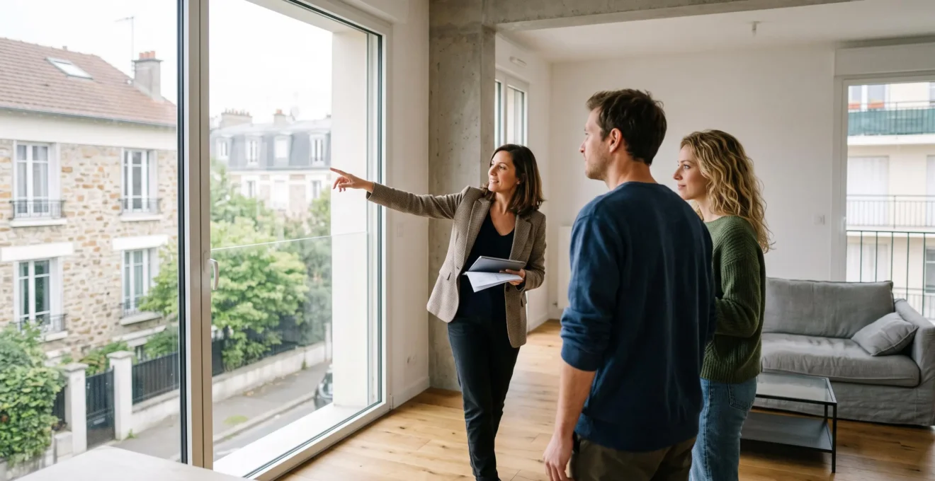 Couple visitant un appartement moderne accompagné d'un agent immobilier en France