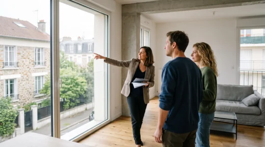 Couple visitant un appartement moderne accompagné d'un agent immobilier en France